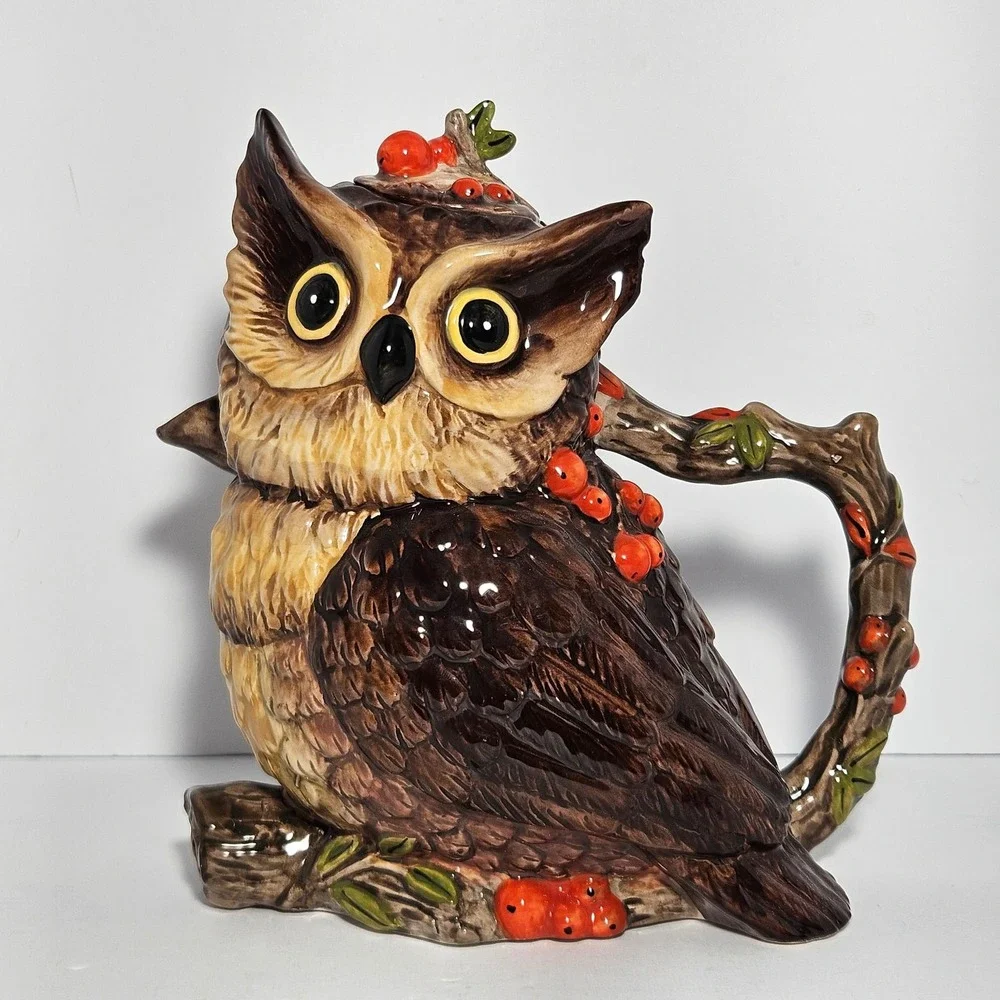 Cracker Barrel Stoneware Harvest Owl Teapot Brown Fall Autumn Decor